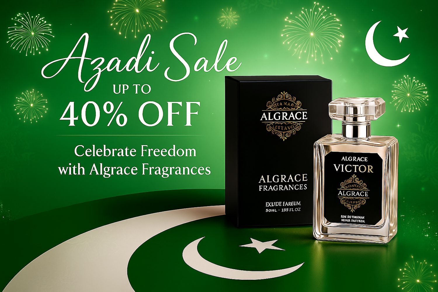 Algrace Fragrances bottle and packaging with 'Azadi Sale' text on a green background with fireworks.